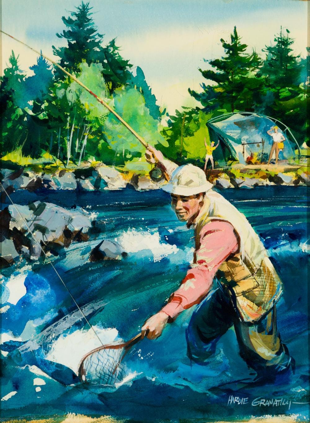 Hardie Gramatky comparable auction result: hardie gramatky am 1907 1979 fly fishing scene watercolor on paper framed under glass