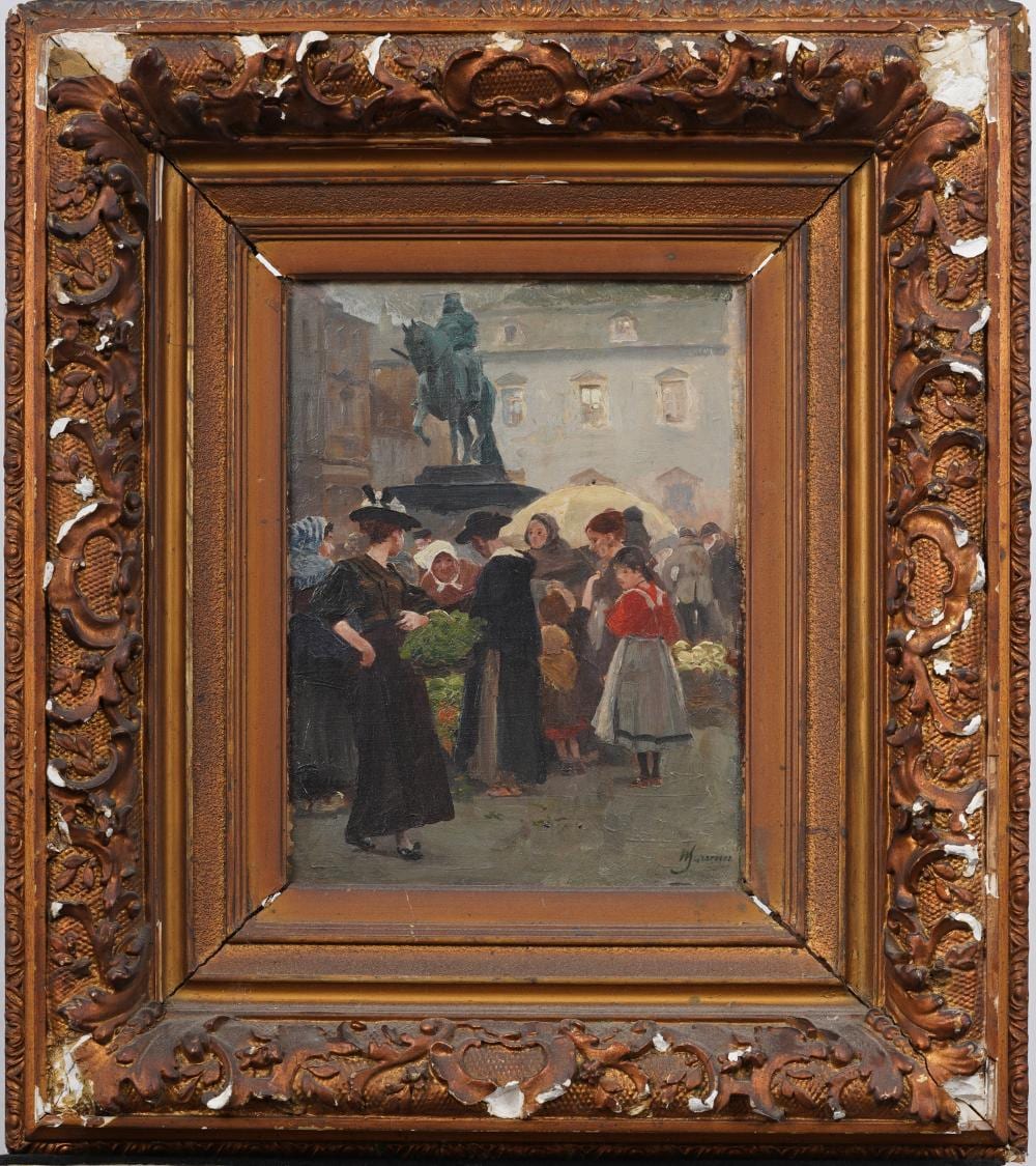Antique French Impressionist Signed Paris Market Scene Framed Busy Street Scene Oil Painting sold by Curated Gallery Auctions, lot 71 — auction record photograph