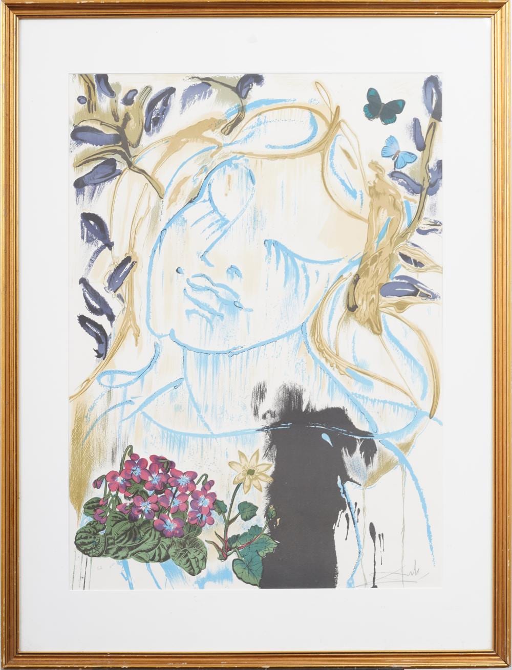 Framed surreal portrait print with a blue-and-white face, flowing gold and blue lines, butterflies near the top right, and pink flowers in the lower left.