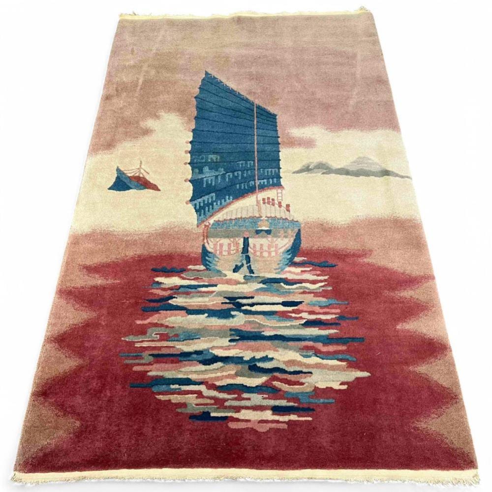 Pictorial Chinese Art Deco Nichols Rug, Chinese Junk Ship sold by Clark's Auction Company, lot 82 — auction record photograph