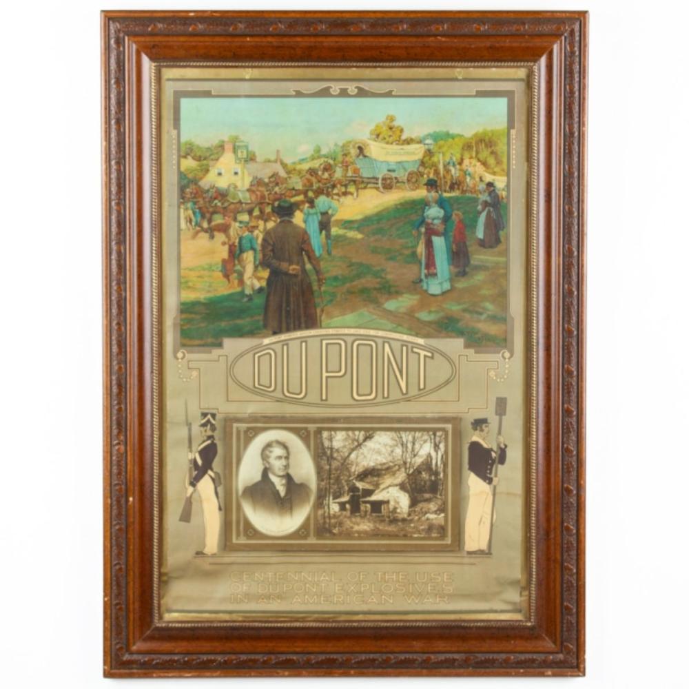 Framed Dupont gunpowder advertising poster with an illustration of people and a large “DU PONT” logo, plus portrait and landscape panels.