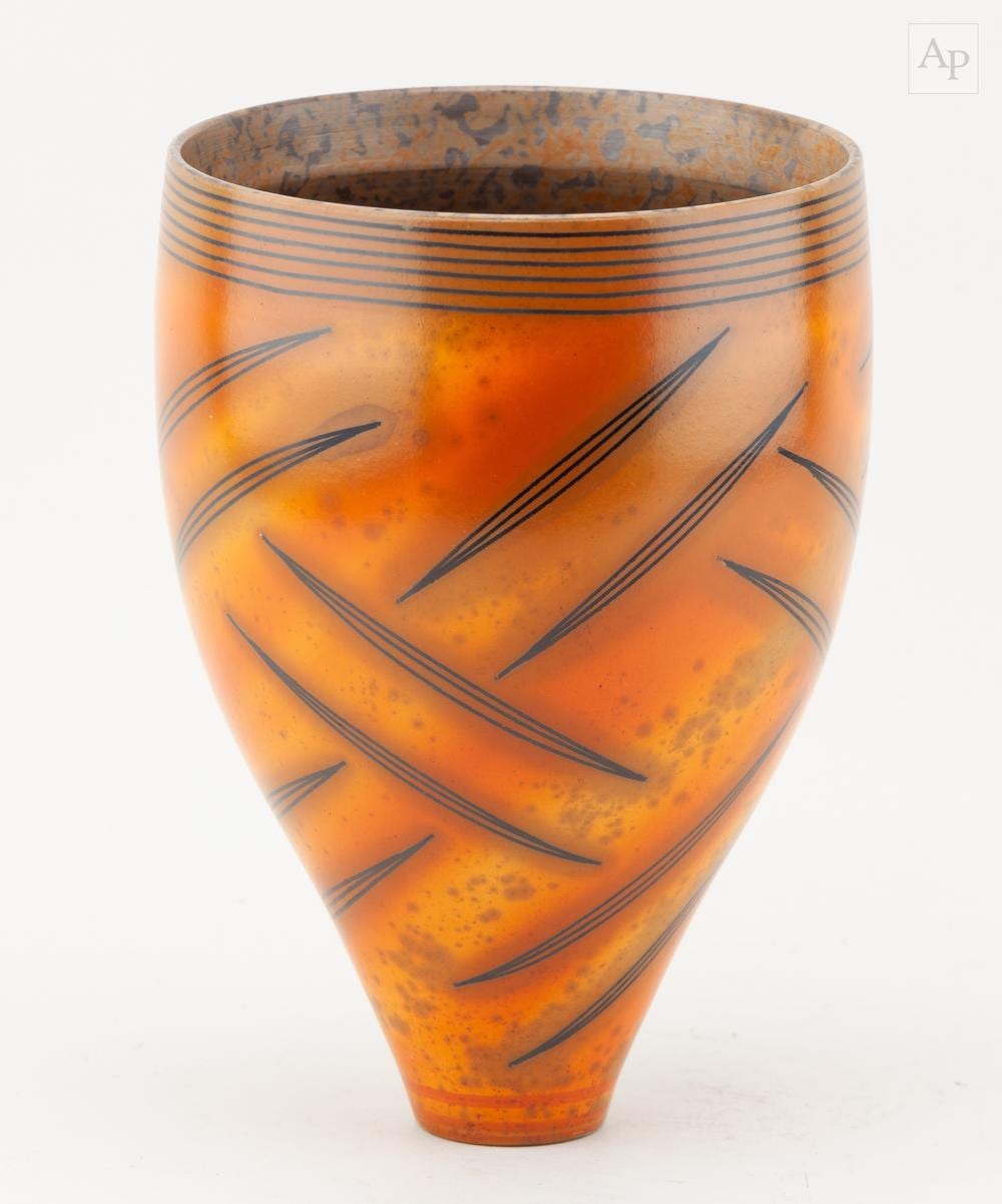 Duncan Ross comparable auction result: duncan ross born 1943 a smoke fired vessel covered in burnished terra sigillata slip with inlaid geometric decoration incised dr mark height 20 5cm