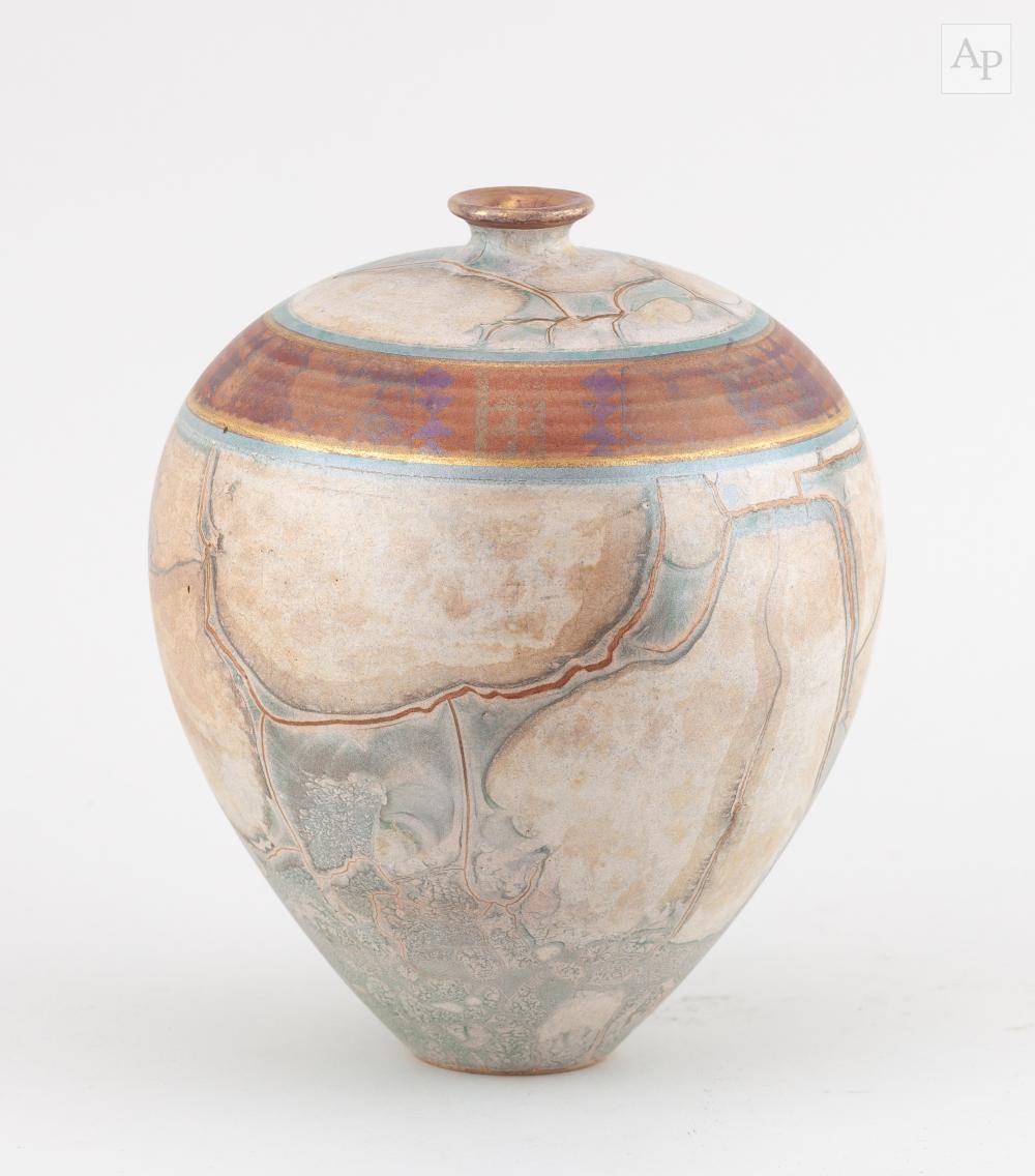Tony Laverick comparable auction result: tony laverick born 1961 a globular white porcelain bottle covered in marbled and banded decoration painted tl mark dated 1998 height 19 5cm