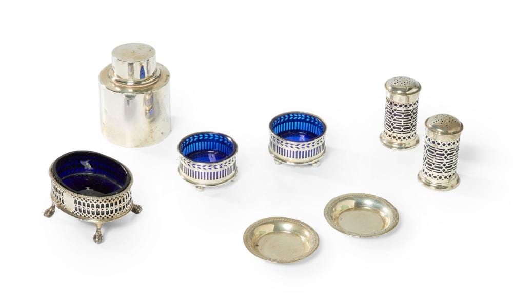 A small group of silver including a George III silver salt cellar.  Richar sold by Roseberys, lot 230 — auction record photograph