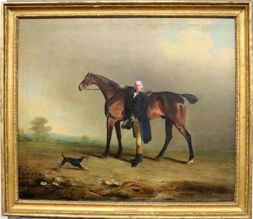 Benjamin Marshall comparable auction result: benjamin marshall english 1767 1865 a gentleman with a bay hunter and terrier in a landscape oil on canvas framed lot essay se