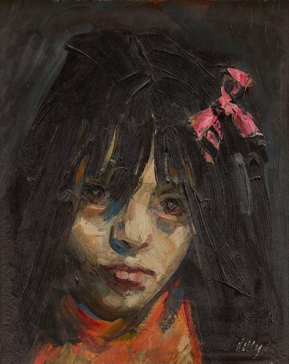 Harold Riley comparable auction result: harold riley british 1934 2023 portrait of a girl with a pink bow 1962 oil on board signe