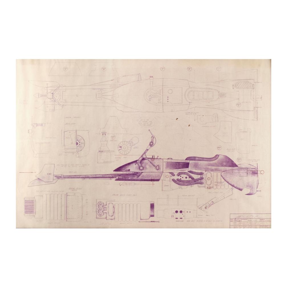 STAR WARS: RETURN OF THE JEDI (1983) - Framed Hand-Marked Michael Fulmer Speeder Bike Blueprint sold by Propstore Los Angeles, lot 379 — auction record photograph
