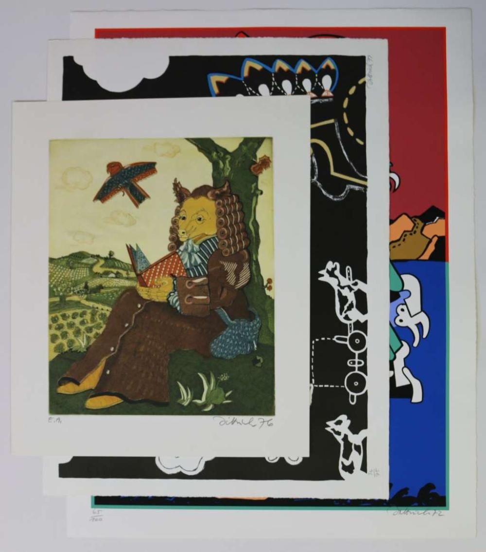 Simon Dittrich comparable auction result: simon dittrich 1940 2024 3 farbserigraphien m nchhausen der lesende fuchs indianergeschichte