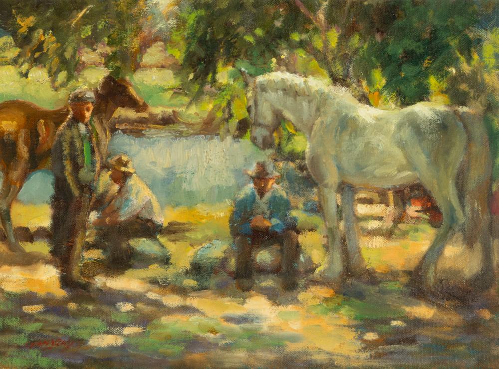 Roy Lyndsay comparable auction result: roy lyndsay b 1945 men and horses in a woodland glade oil on canvas 30 5 x 40 5cm 12 x 16 signed