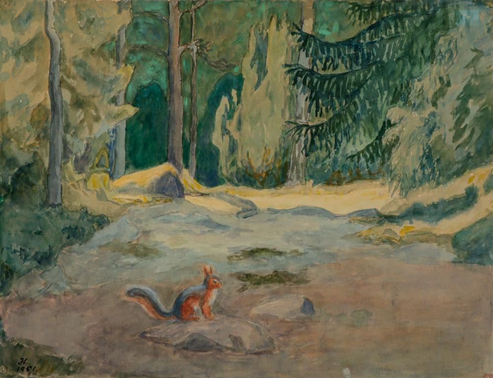 Johannes Larsen comparable auction result: johannes larsen 1867 1961 squirrel on the forest road cd