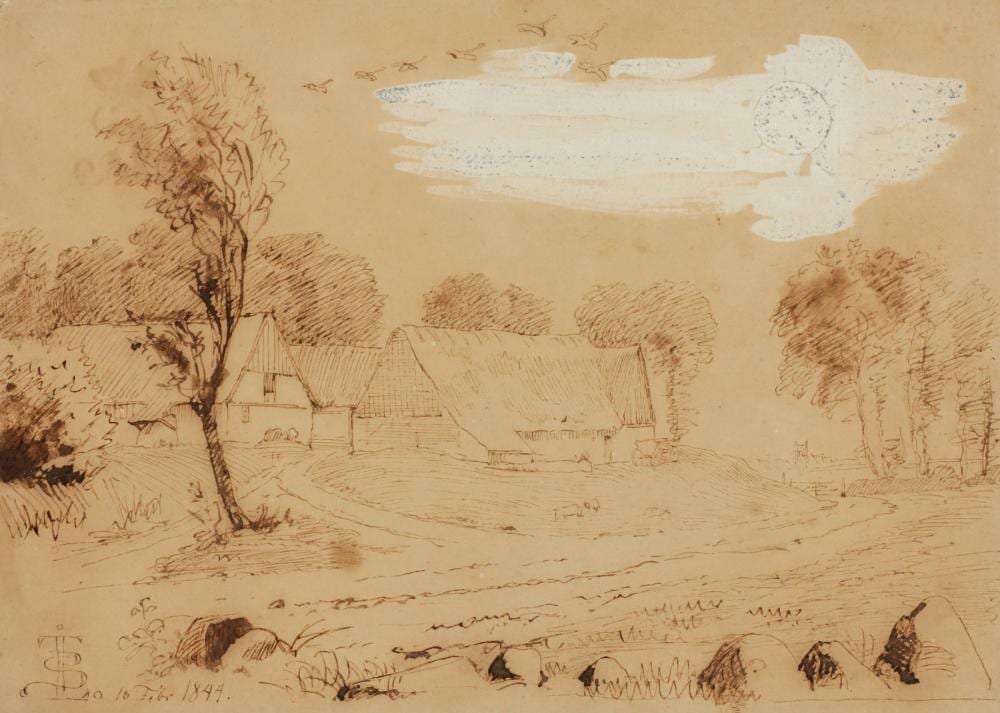Johan Thomas Lundbye comparable auction result: johan thomas lundbye 1818 1848 and p c skovgaard 1817 1875 landscape with a winding country road near a farm probably from vejby