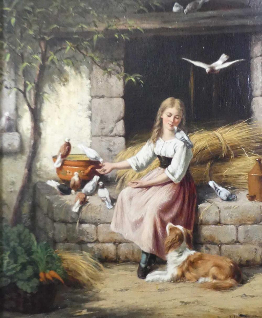 Jan Walraven comparable auction result: jan walraven dutch 1827 1878 young girl feeding the birds with attendant dog oil on canvas re lined signed lower right 60 x 49cm