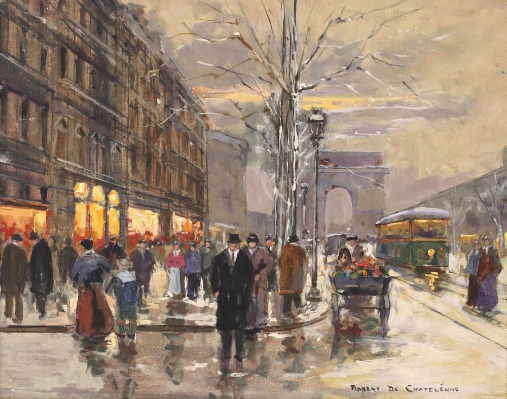 Robert De Chatelenne comparable auction result: robert de chatelenne 20th c paris street scene 13 x 18