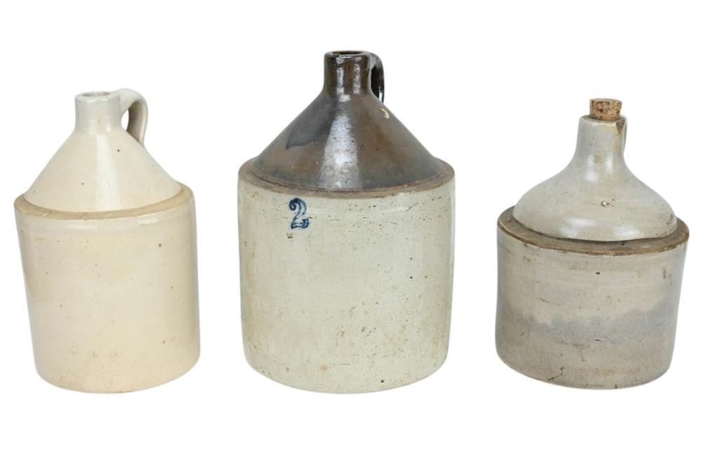 3 Antique Salt Pottery Whiskey Jugs sold by Greenwich Auction, lot 185 — auction record photograph