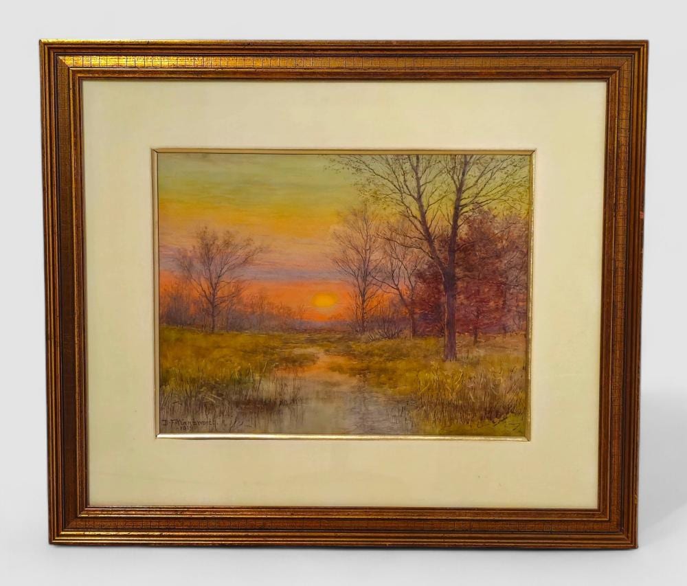 Daniel F. Wentworth comparable auction result: daniel f wentworth 1850 1934 ct mn norway watercolor sunset stream