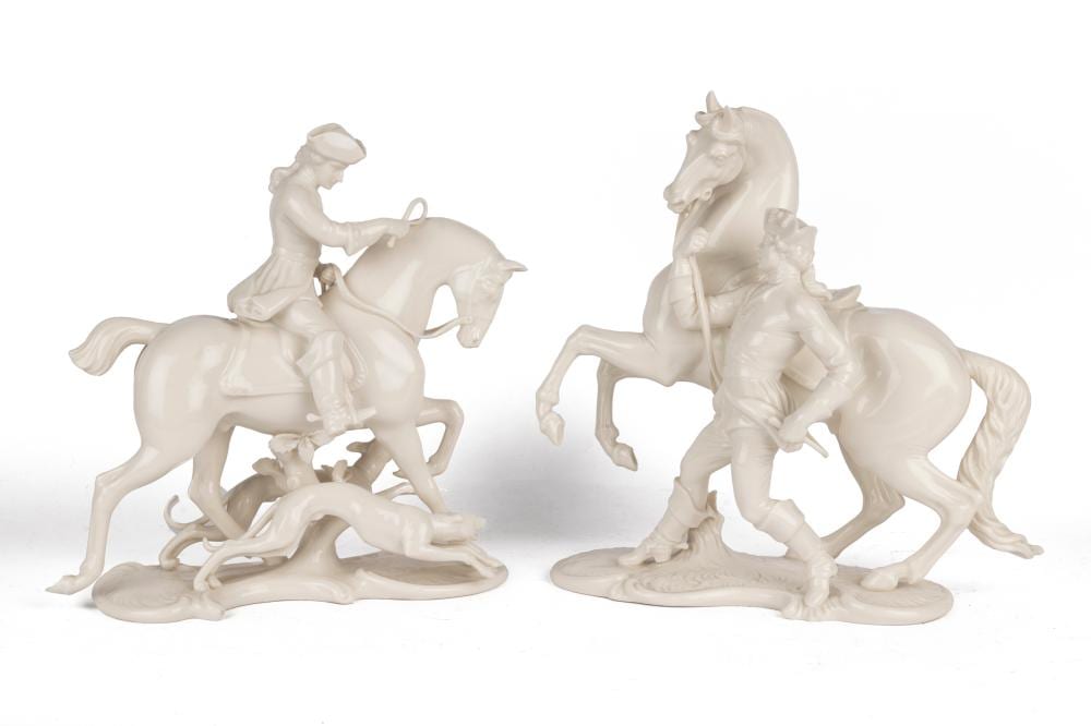 Theodor Kärner comparable auction result: two white glazed nymphenburg equestrian figures from the red hunt series by theodor k rner