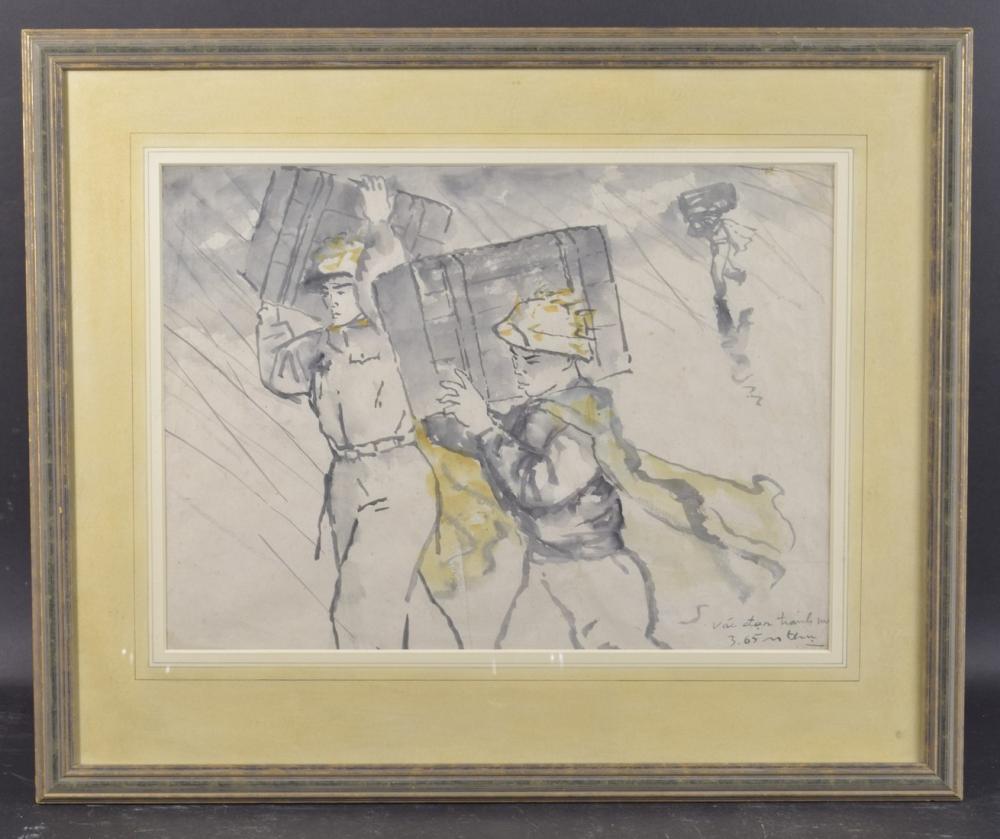 Thu Nguyen comparable auction result: nguyen thu vietnham 1930 2023 carrying supplies figures carrying packing cases in the rain monoch