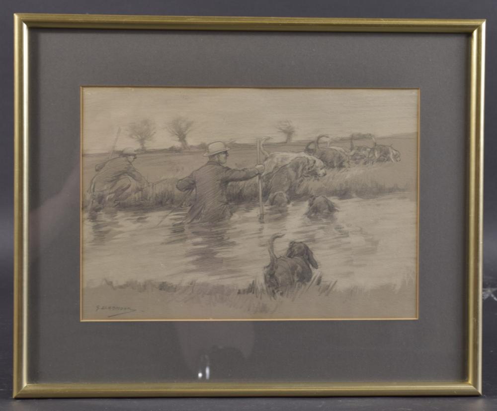 George Denholm Armour comparable auction result: george denholm armour 1864 1949 foxhounds on the scent crossing a river pencil and monochrome wash