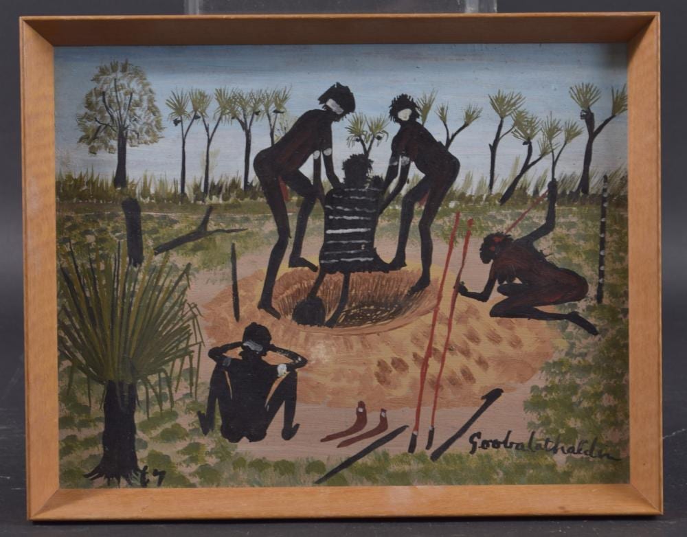 Goobalathaldin comparable auction result: goobalathaldin dick roughsey aboriginal australian 1924 1985 the burial of the puri puri man monningt