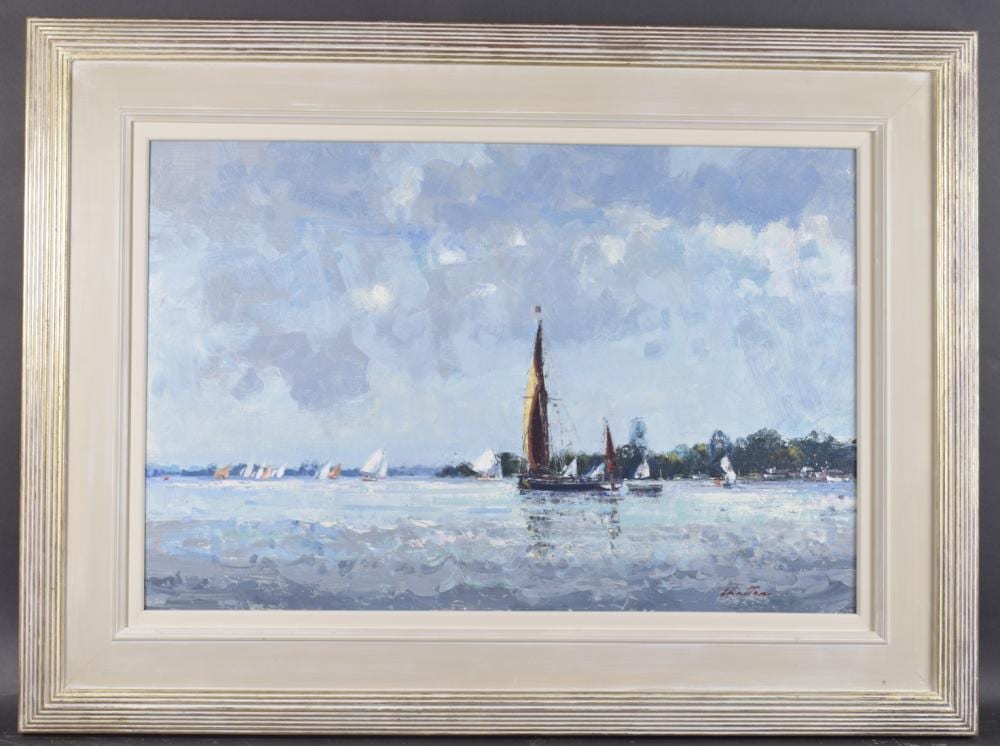 Geoffrey Chatten comparable auction result: geoffrey chatten b 1938 sailing boats racing of a headland oil on board signed 19 25 x 29 25