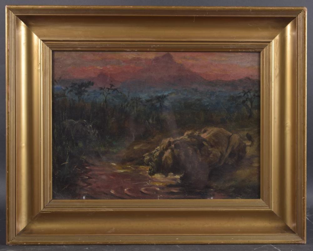 Frederick Thomas Daws comparable auction result: frederick thomas daws 1878 1956 african scene with lion and rhino at a waterhole oil on board 12 5