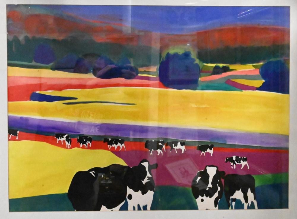 Woody Jackson comparable auction result: woody jackson american b 1970 cambridge corn fields 1994 watercolor on gouache signed and dated lower right woody jackson 94 signed titled and dated on verso 22 x 29