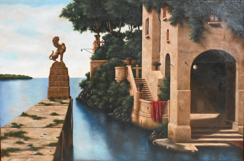 Lionel Kalish comparable auction result: lionel kalish american b 1931 a villa on the sea c 1980 oil on canvas signed lower right l kalish bark frameworks inc n y label verso 16 x 24