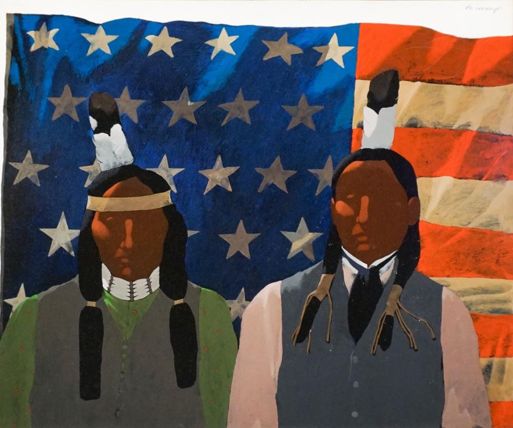 Louis De Mayo comparable auction result: louis de mayo american 1926 2016 two native americans before flag oil on canvas 30 x 35 in 76 2 x 88 9 cm