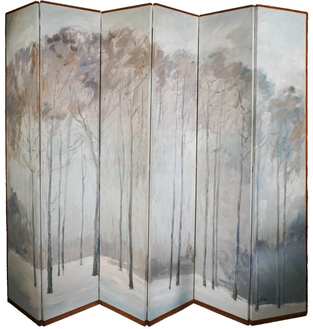 Ted Christensen comparable auction result: ted christensen american 1911 1998 winter landscape acrylic on canvas mounted six panel floor screen