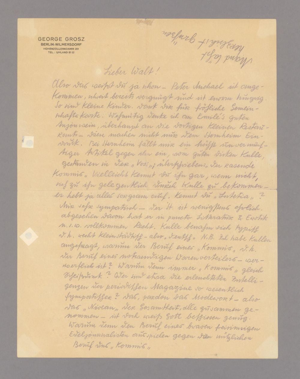 GROSZ, George, 1893–1959. sold by Stargardt Autographenhandlung, lot 412 — auction record photograph
