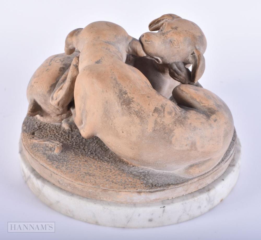 joseph gott 1785 1869 rome terracotta sculpture of playful hounds marble base 19 cm diameter · Hannam's Auctioneers · 2025-03-18 Joseph Gott comparable auction result: joseph gott 1785 1869 rome terracotta sculpture of playful hounds marble base 19 cm diameter