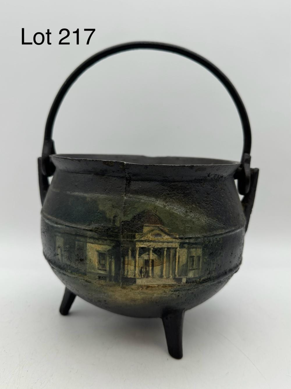 Cast Iron Cauldron With Painted Images of Thomas Jefferson, Martha Skelton, and Monticello sold by Embassy Auctions International, lot 217 — auction record photograph