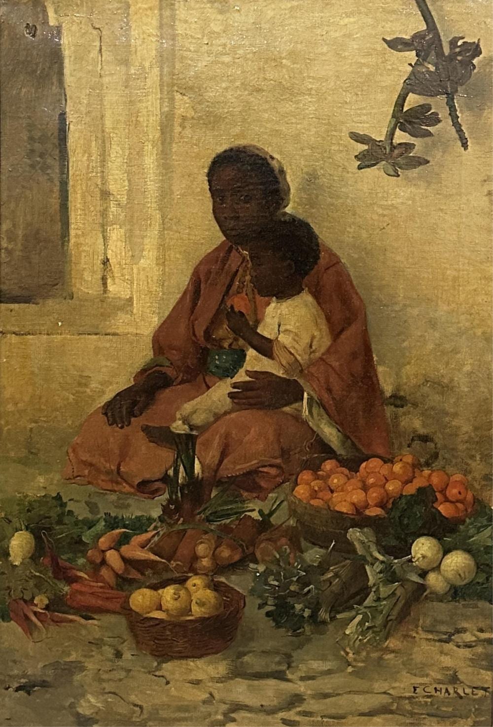Emile Charlet comparable auction result: emile charlet 1851 1910 la marchande de l gumes africaine et son jeune gar on huile sur toile dimensions 70 x 44 cm