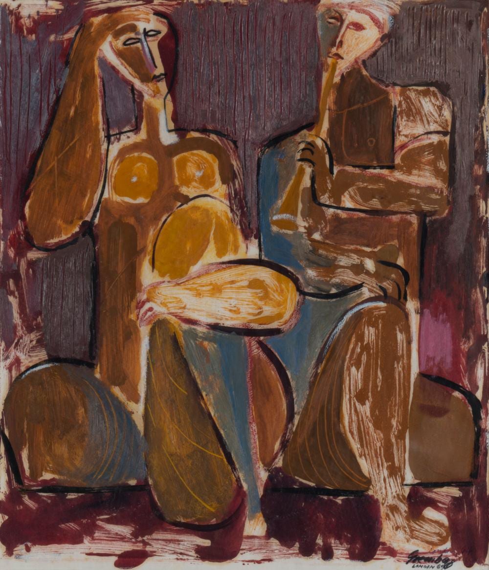 Joseph Greenberg comparable auction result: joseph greenberg 1923 2007 the musician and his muse acrylic on board signed dated 67 and endorsed london at lower right 37 x 32cm
