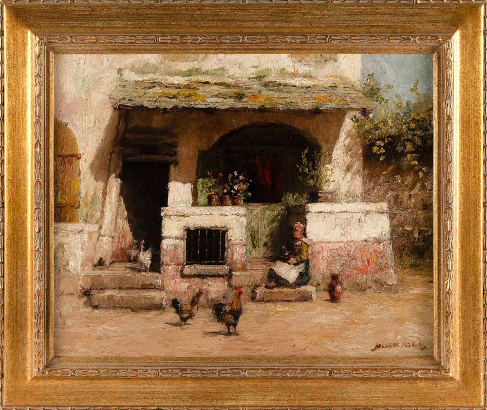Burr H. Nicholls comparable auction result: burr halliday nicholls new york connecticut 1848 1915 courtyard with chickens and a young girl seated on a stoop oil on canvas 16 x 20 framed 21 x 25