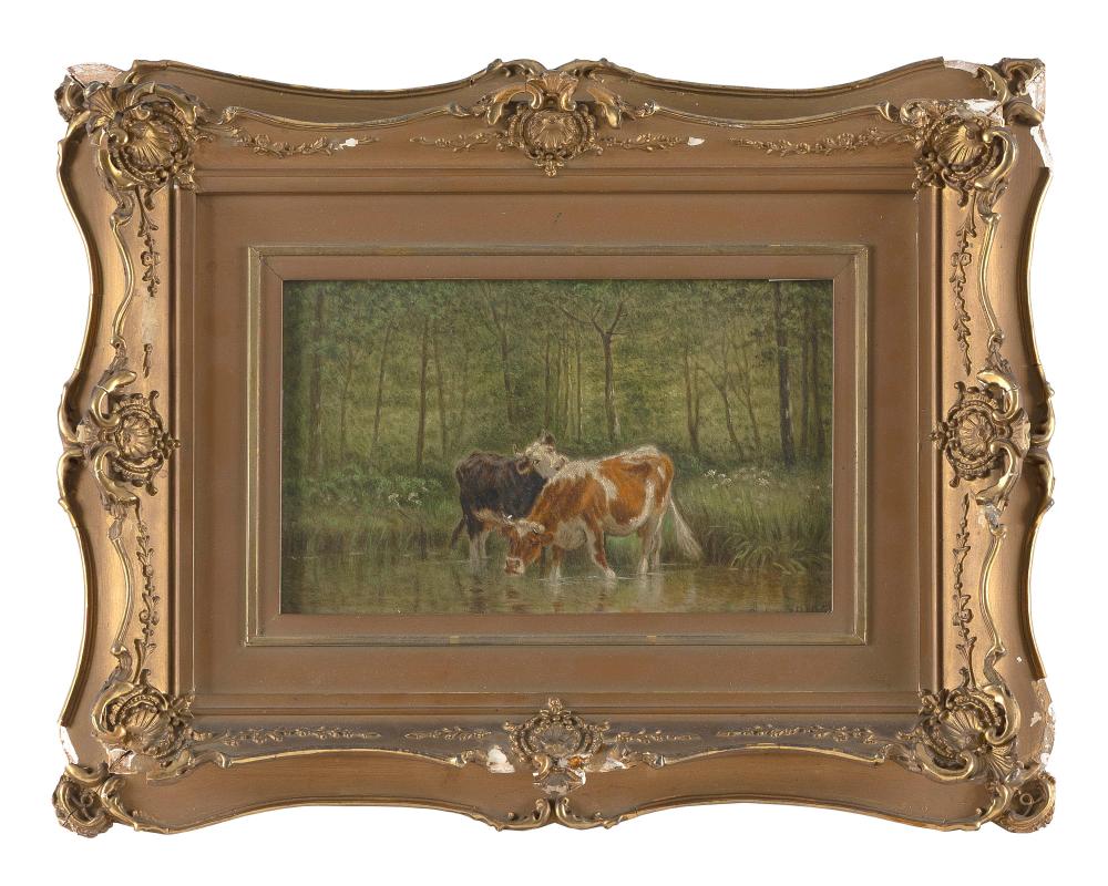 Clinton Loveridge comparable auction result: clinton loveridge new york new hampshire 1838 1915 cattle at a stream oil on board 6 x 9 25 framed 12 5 x 16