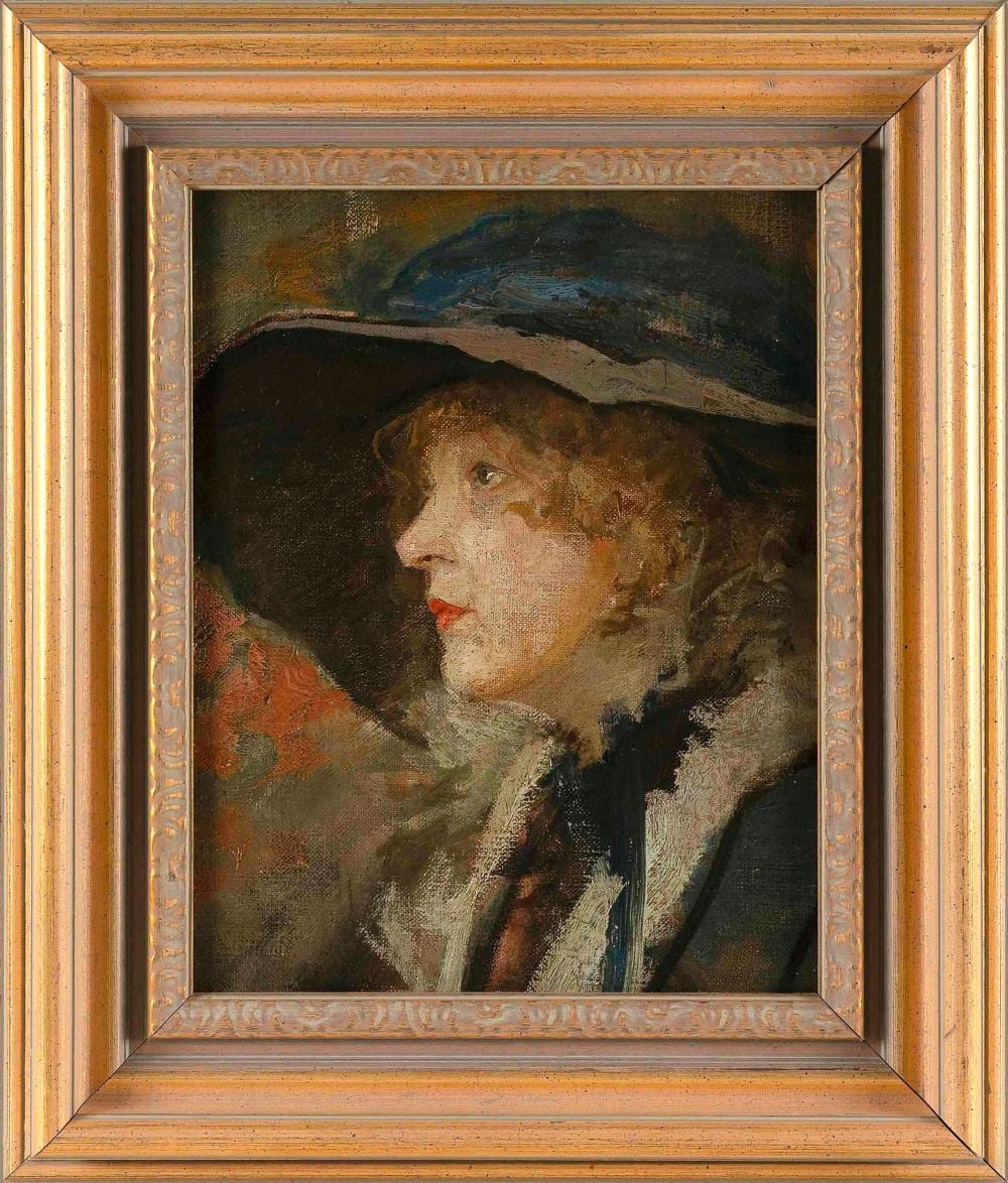 Joseph W. Gies comparable auction result: joseph w gies michigan france 1860 1935 profile portrait of a lady wearing a large hat oil on board 14 x 11 framed 20 x 16 5