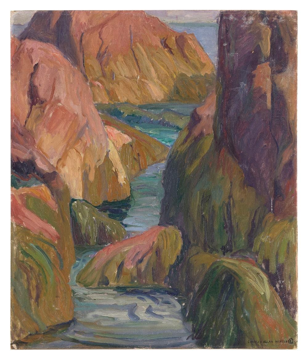Charles Allan Winter comparable auction result: charles allan winter massachusetts new york 1869 1942 tide pools along a rocky coastline gloucester massachusetts oil on canvas laid down on board 23 x 19 5 unframed
