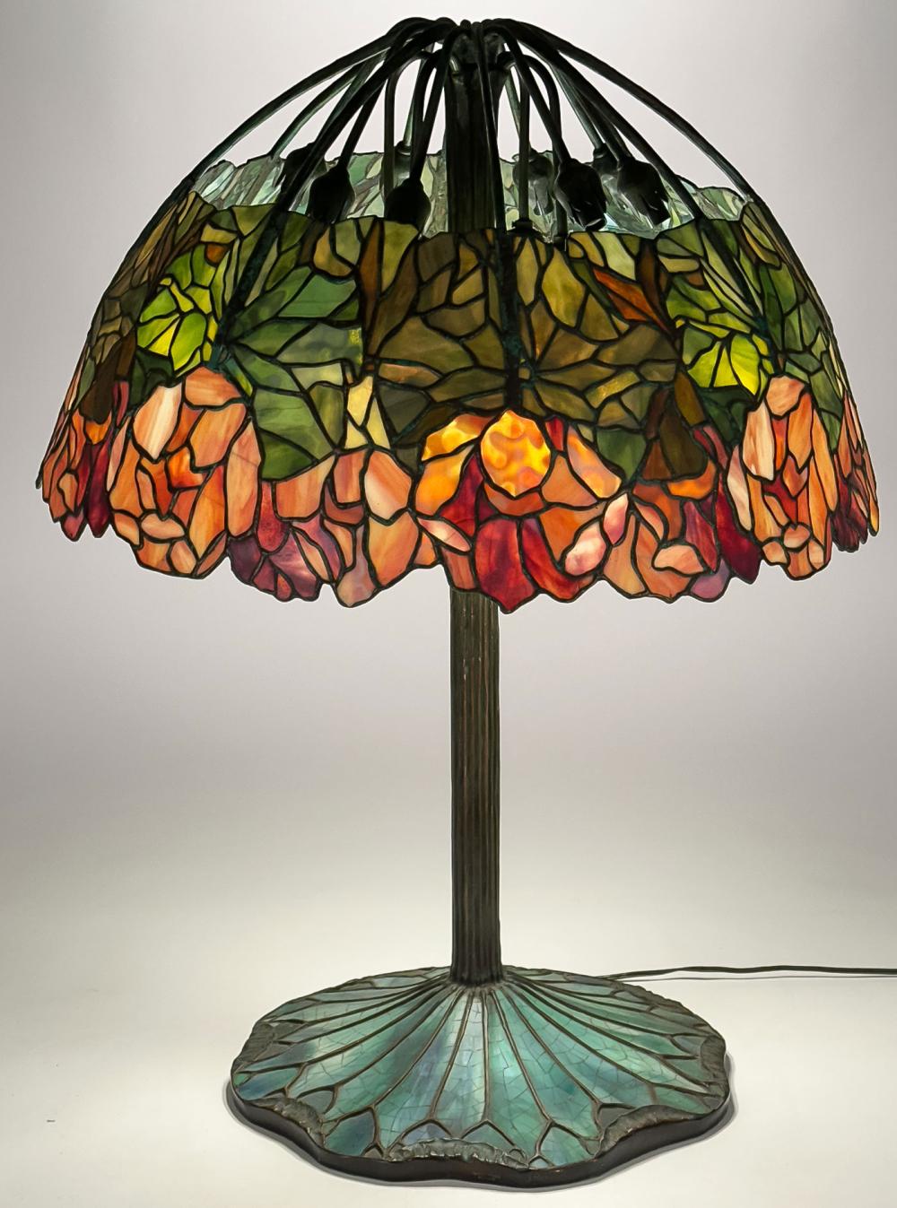 SPECTACULAR LEADED GLASS TABLE LAMP. sold by Jackson's International, lot 504 — auction record photograph