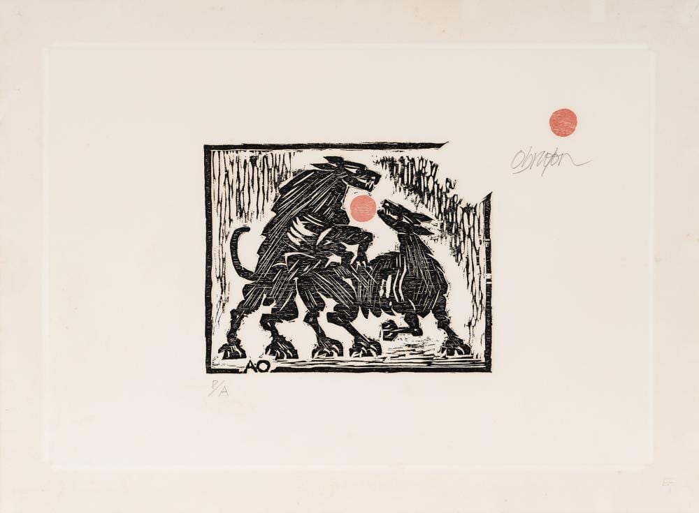 Alejandro Obregón, [Perros ladrándole a la luna] , década de 1960 comparable sale
