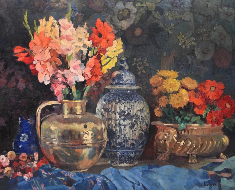 emile lecomte 1866 1938 still life with flowers copperware and a delft vase oil on canvas · Coronari Auctions · 2025-03-29 Emile Lecomte comparable auction result: emile lecomte 1866 1938 still life with flowers copperware and a delft vase oil on canvas