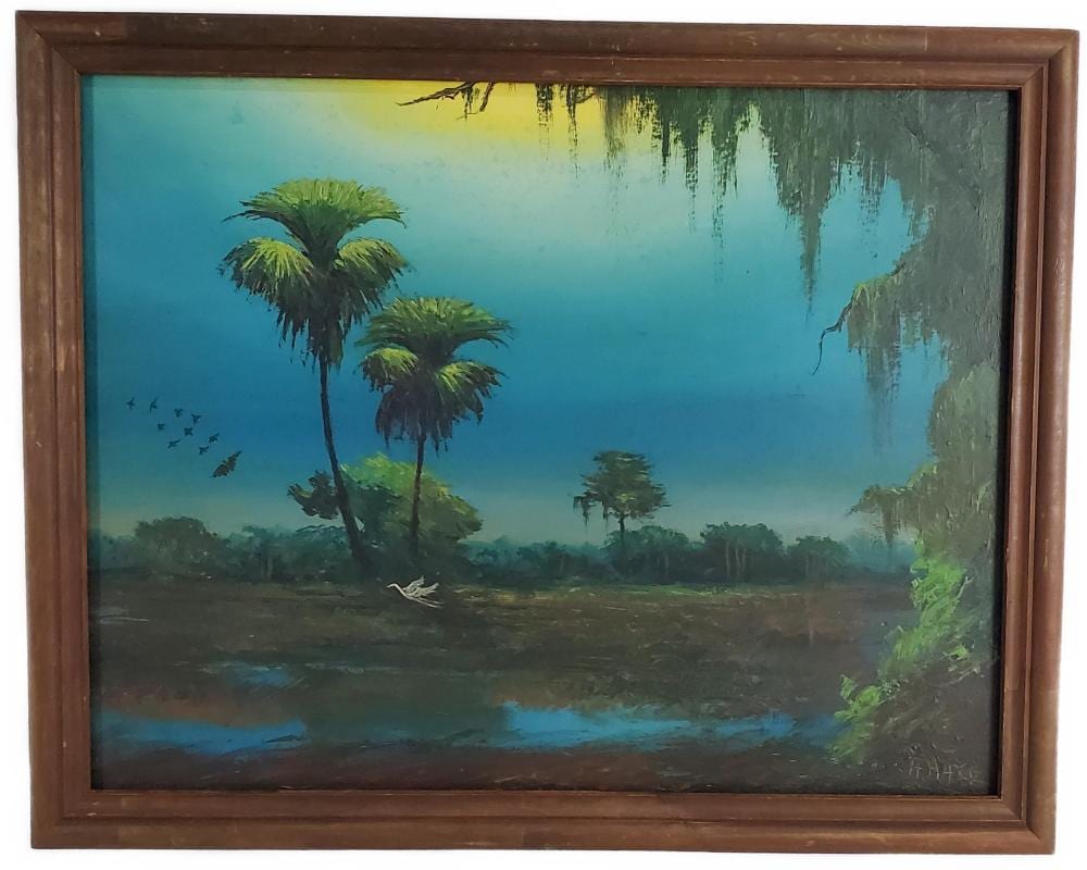 Alfred Hair comparable auction result: alfred hair american florida 1941 1970 moonlit backwater landscape with heron oil on board signed lower right 21 3 4 x 27 1 2