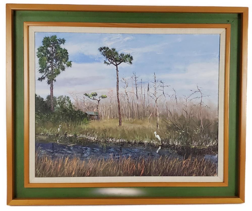 Sam Vinikoff comparable auction result: sam vinikoff american florida 1919 2010 backwoods swamp with egret oil on canvas signed and dated 80 lower right 22 x 28 framed 25 x 31