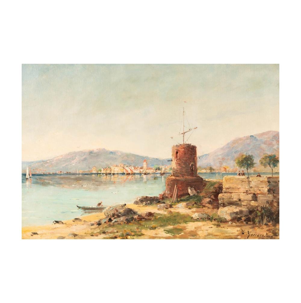 Gustave Mascart comparable auction result: gustave mascart france 1834 1914 shoreline with tower and distant village