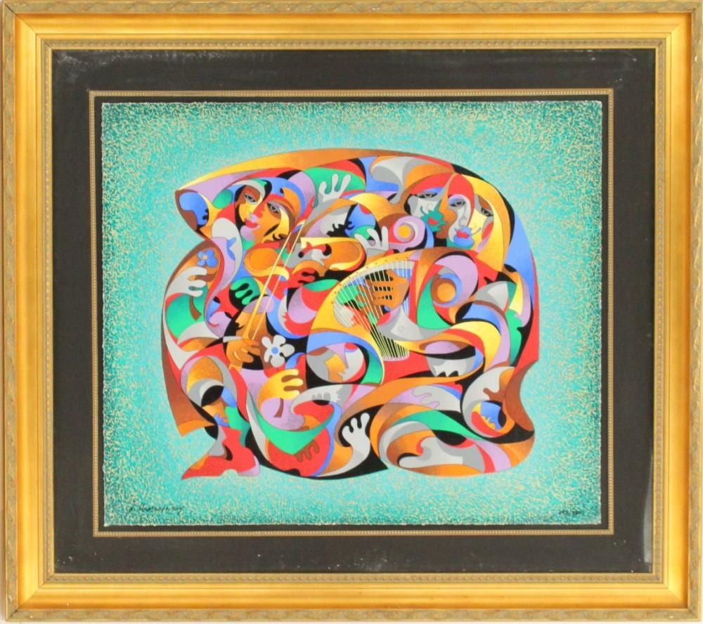 Colorful abstract animal-like figures in a circular composition inside a gold-framed artwork.