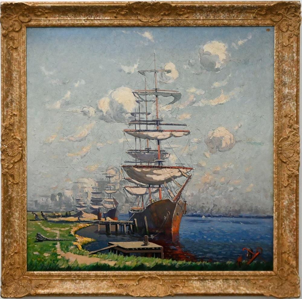 Norman Lloyd comparable auction result: norman lloyd ships unloading cargo 1924