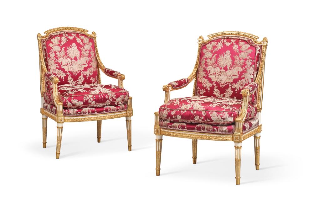 Jacobus Adrianus Vrolijk comparable auction result: a pair of louis xvi white painted and parcel gilt walnut fauteuils by adri