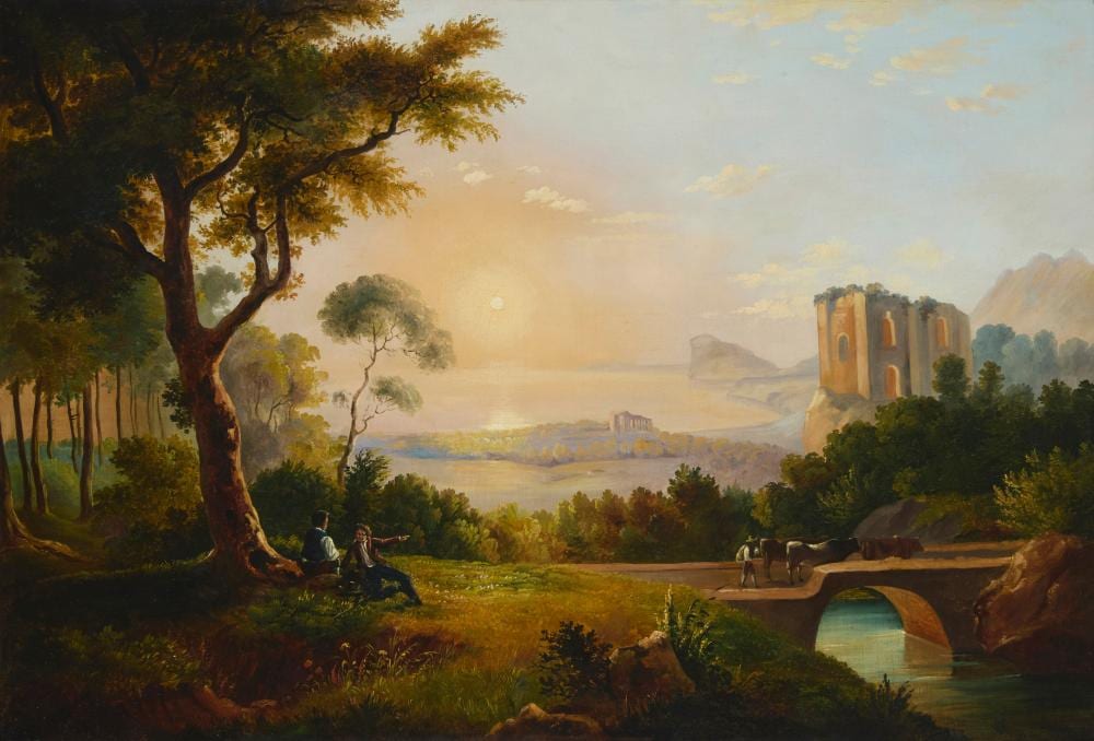 John Milne Donald comparable auction result: john milne donald 1819 1866 landscape vista with ruins and figures at sunset