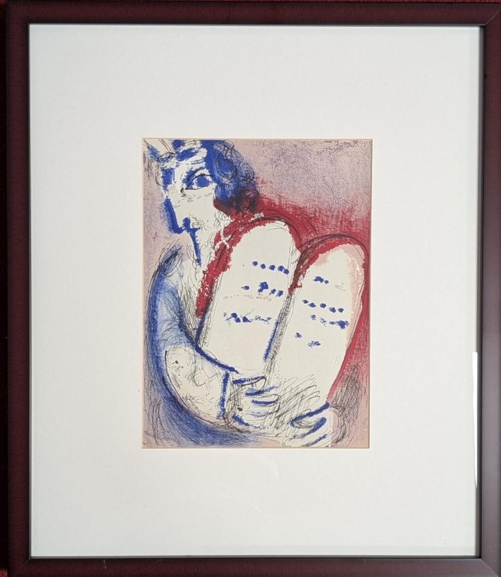 Framed lithograph print featuring a blue and red profile of a kneeling woman holding a white figure with blue dotted details.