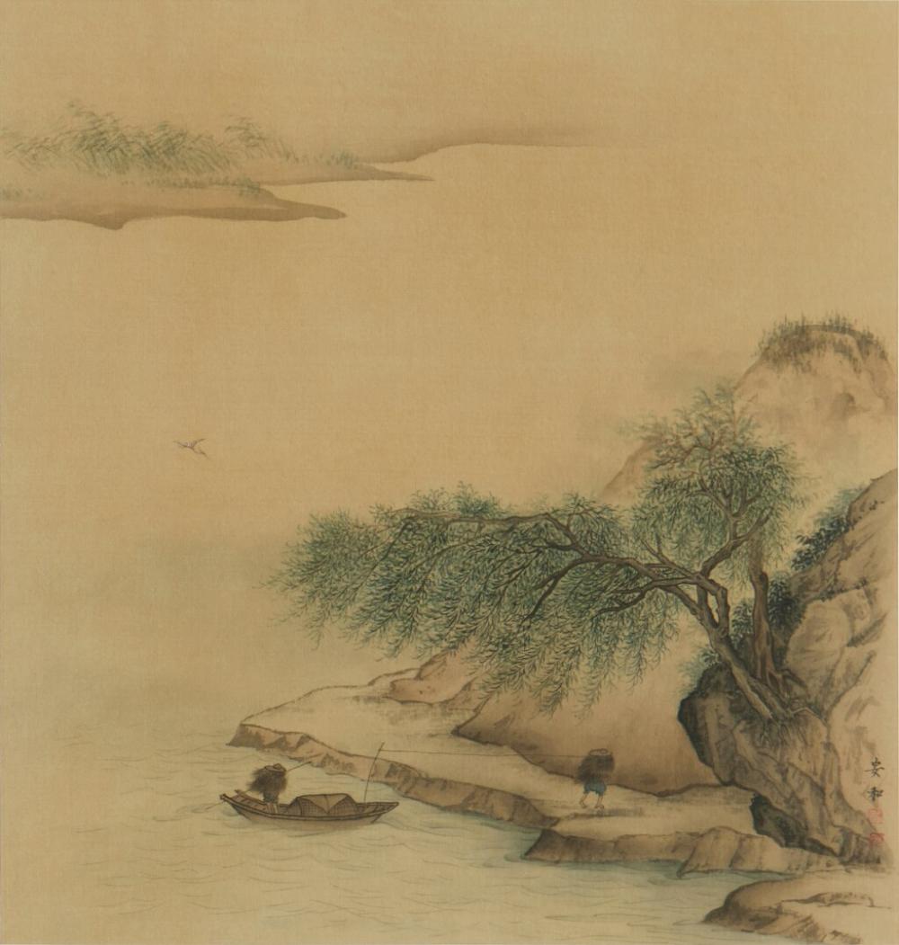 He An comparable auction result: an he an ho coming ashore ink and color on silk framed